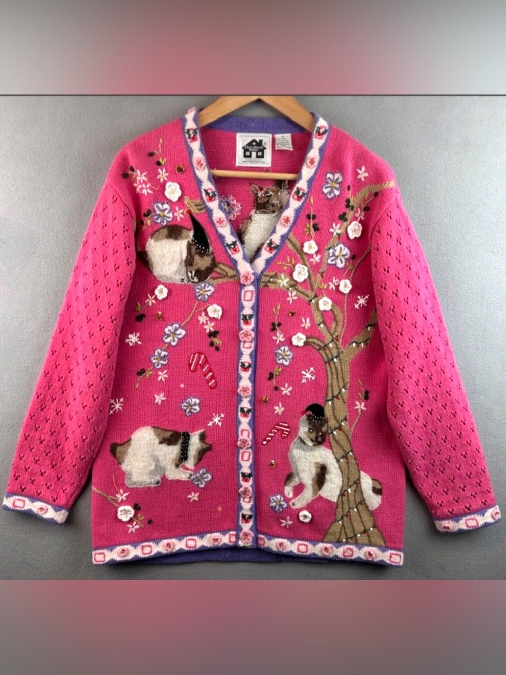 Storybook Knits Pink Embroidered Cat Floral Button V-Neck Cardigan Sweater 1X